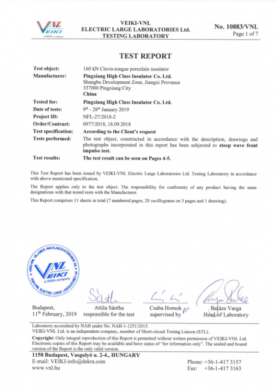 Type test report of Veiki-VNL Laboratory, Hungary (member of INTERNATIONAL Short Circuit Test Union (STL))